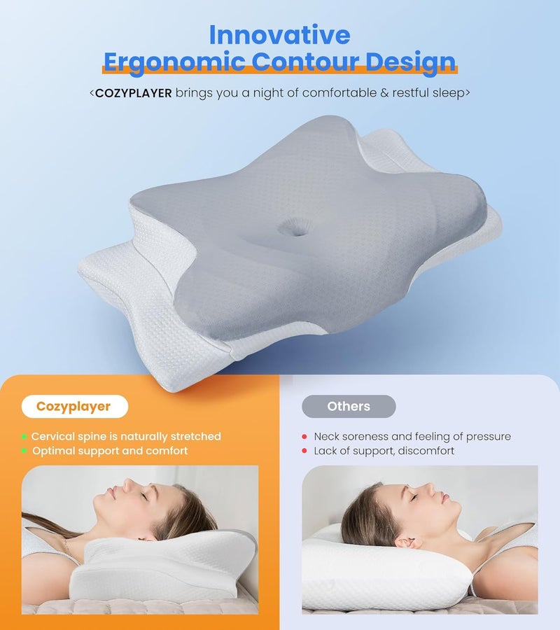 Cozyplayer Ultra Pain Relief Cooling Pillow for Neck Support, Adjustable Cervical Pillow Cozy Sleeping, Odorless Ergonomic Contour Memory Foam Pillows, Orthopedic Bed Pillow for Side Back Stomach Sleeper - Image 2